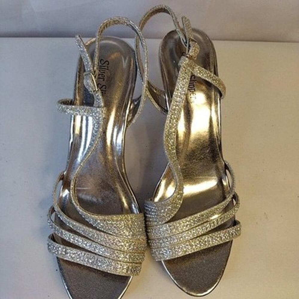 Silver Slipper Shoes Womens Size 8.5 Silver Rhinestone Strappy Slingback Heels